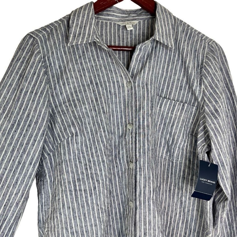Lucky Brand Womens Striped Chambray Top Large Modern Casual Minimalist NWT - Picture 3 of 13